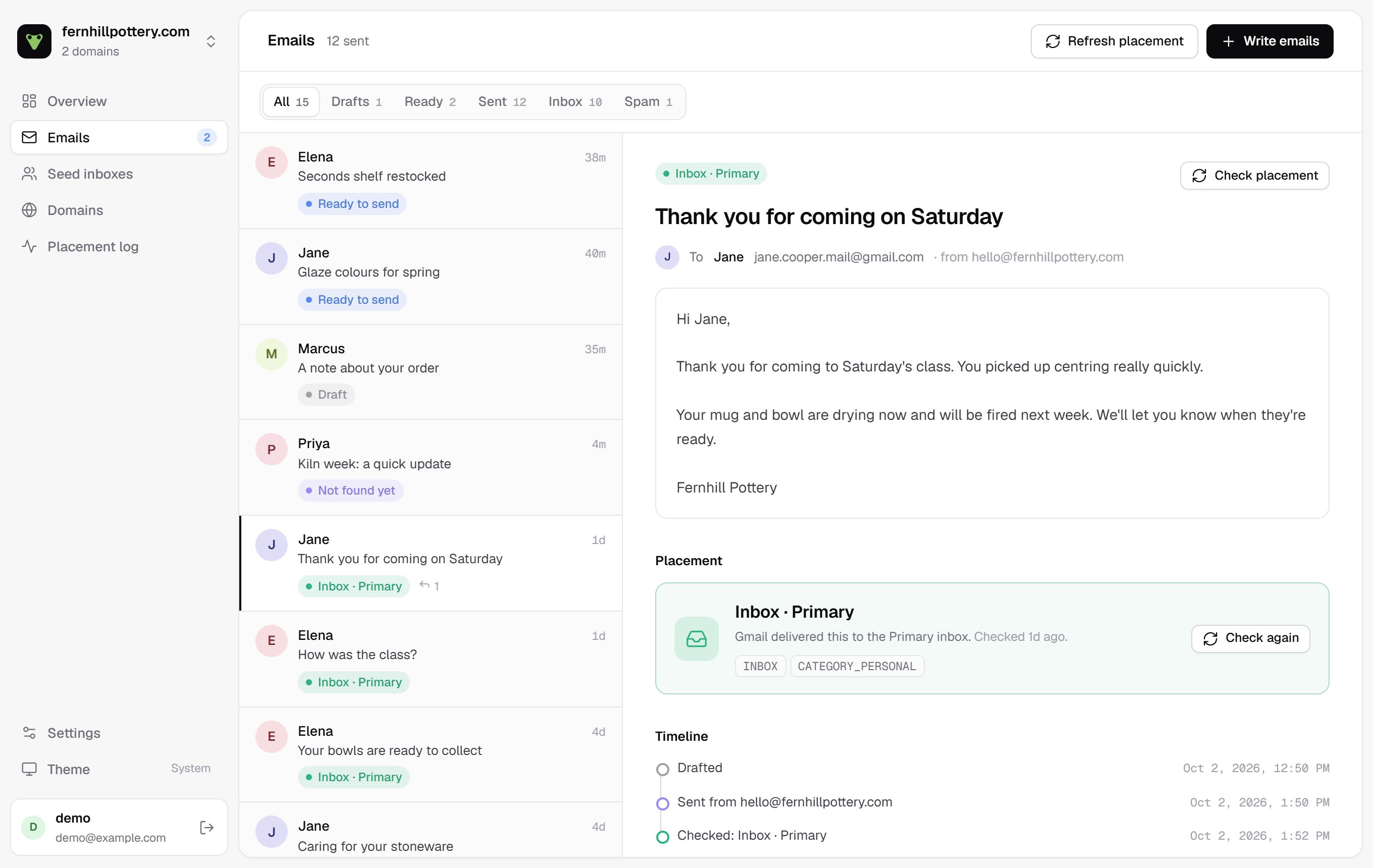 Emails view: list of emails with status pills and an open email showing its placement in the Primary inbox, a timeline and a reply